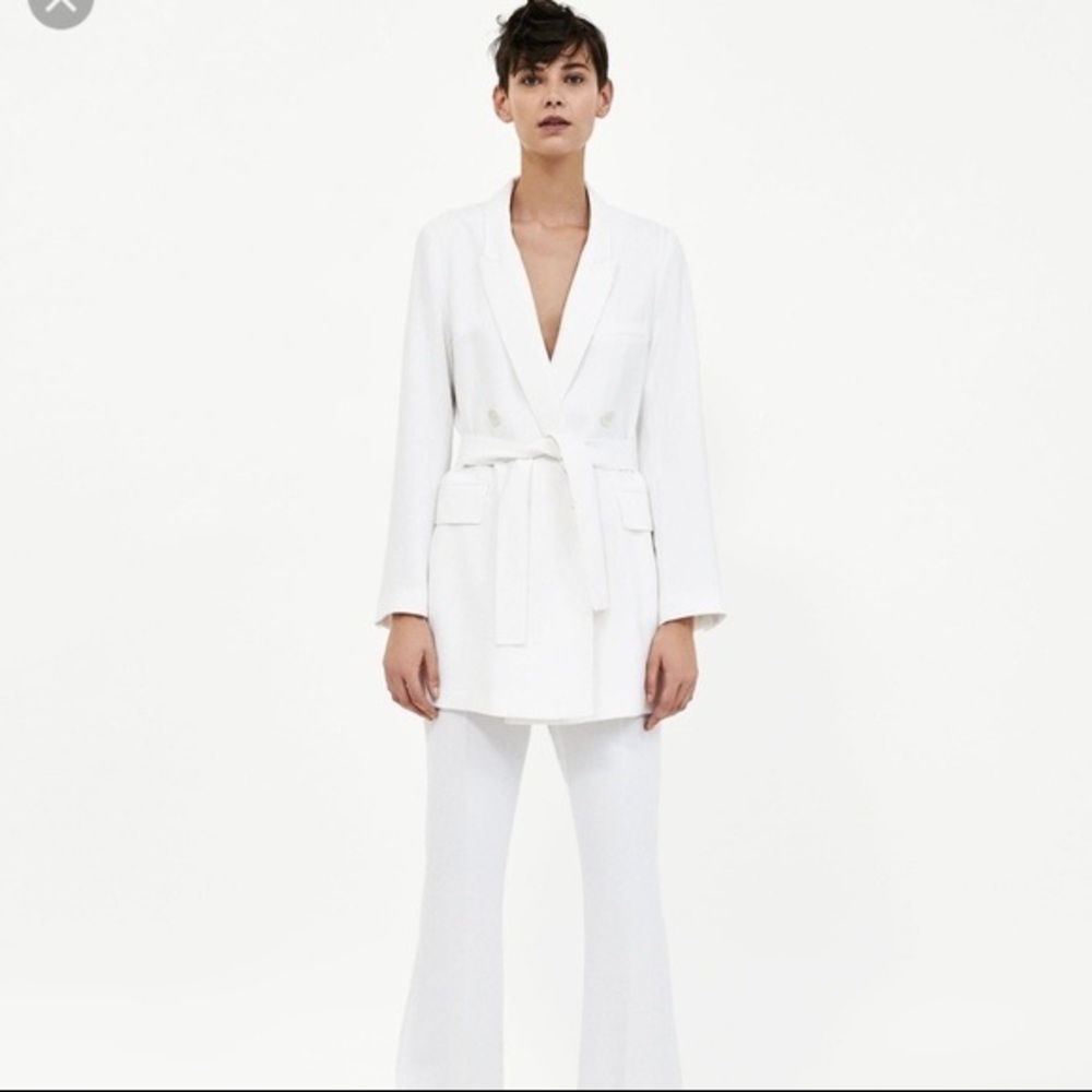 Zara White Double-Breasted Belted Blazer